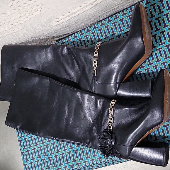 Tory Burch Shoes - Tory Burch Black Blossom Block Heel Boots Tall Knee High Shoes